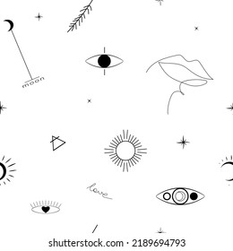 Seamless pattern with abstract astronomical objects in line art style in black and white.