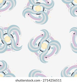 Seamless pattern of abstract aura swirls and circular energy flow forms using layered colors without borders, a flat design vector background for self-love wellness packaging and mystical themes.