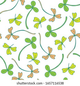Seamless pattern of abstract autumn leaves isolated on a white background. Hand drawn vector stock illustration with forest foliage.
