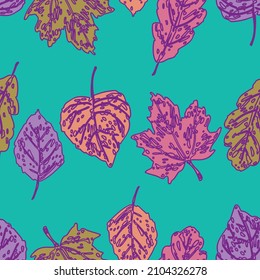 Seamless pattern of abstract autumn leaves various deciduous trees