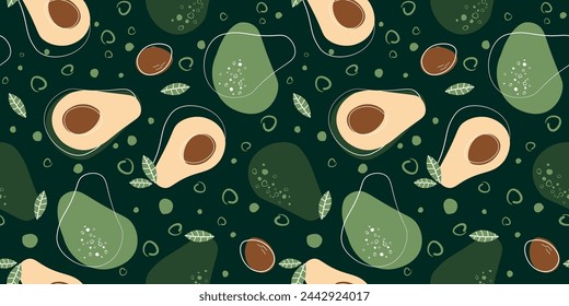 Seamless pattern with abstract avocado fruits, halves, seeds. Print with healthy nature food. Vector graphics.