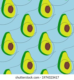 Seamless pattern with abstract avocado illustration with black line in vector on blue background