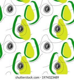 Seamless pattern with Abstract avocado illustration with black line in vector on white background