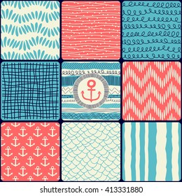 Seamless pattern with abstract background and anchor, patchwork tiles. Freehand drawing