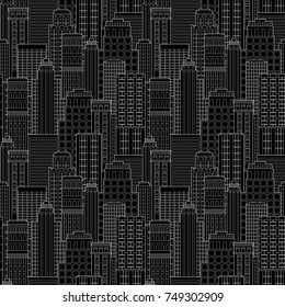 Seamless pattern abstract background of city landscape skyscrapers. Outline flat vector illustration for poster, banner, greeting card. Black and white
