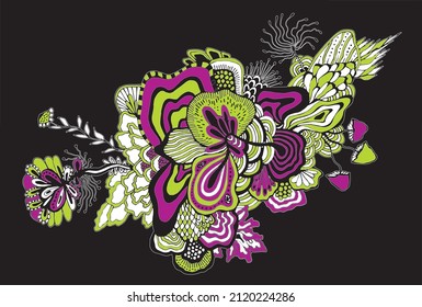 Seamless pattern abstract background with colorful ornament. Mysterious psychedelic relaxation pattern. Hand draw illustration. Algae sea motif. Drawing with marker and  pencil.