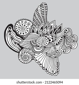 Fondo abstracto de patrón sin brillo con adornos coloridos. Patrón de relajación psicodélico misterioso. Dibujo manual. Motivo del mar de Algas. Dibujo con marcador y lápiz.
