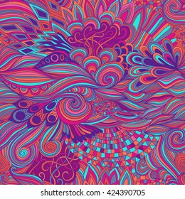 Seamless pattern abstract background with colorful ornament. Hand draw illustration, coloring book zentangle. Algae sea motif