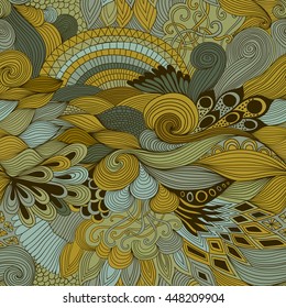 Seamless pattern abstract background with colorful ornament. Hand draw illustration, coloring book zentangle. Algae sea motif