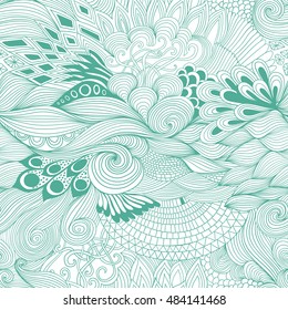 Seamless pattern abstract background with colorful ornament. Hand draw illustration, coloring book zentangle. Algae sea motif
