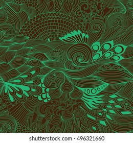 Seamless pattern abstract background with colorful ornament. Hand draw illustration, coloring book zentangle. Algae sea motif