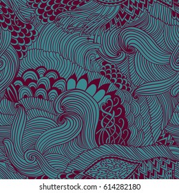 Seamless pattern abstract background with colorful ornament. Hand draw illustration, coloring zentangle. Algae sea motif.