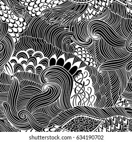 Seamless pattern abstract background with colorful ornament. Hand draw illustration, coloring book zentangle. Algae sea motif.