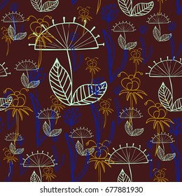 Seamless pattern abstract background with colorful simple flowers. Hand draw illustration