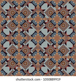Seamless pattern abstract background. Ethnic tracery for print on textile. Textile design texture. Vector illustration. With saturated shapes in black, gray and orange colors.