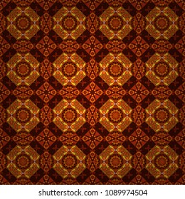 Seamless pattern abstract background. Ethnic tracery for print on textile. Textile design texture. Vector illustration. With saturated shapes in brown, red and orange colors.