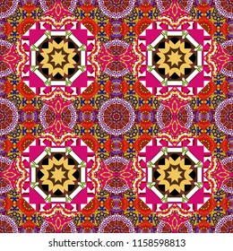 Seamless pattern abstract background. Ethnic tracery for print on textile. Textile design texture. Vector illustration. With saturated shapes in magenta, white and red colors.