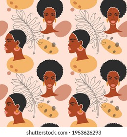 Seamless pattern. Abstract background with linear tropical leaves and a beautiful black woman. Female portrait of young African American with beautiful face. Fashion Vector Illustration.