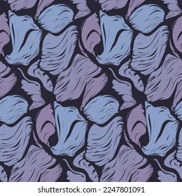 Seamless pattern, abstract background with purple, lilac spots and paint stains on a dark surface. Trendy backdrop design with striped geometric shapes. Seamless texture, vector illustration.