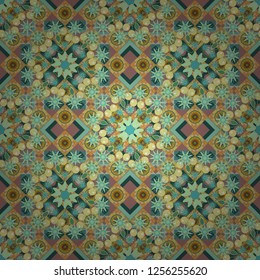 Seamless pattern abstract background with random size squares. A mosaic of squares in brown, green and yellow colors. Modern stylish vector colorful texture.