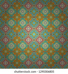 Seamless pattern abstract background with random size squares. A mosaic of squares in green, blue and orange colors. Modern stylish vector colorful texture.