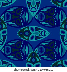 Seamless Pattern. Abstract Seamless Background with Ritual Masks for Poster or Banner. Ethnic Seamless Background with Color Trible Ritual Masks for your Design. Vector Texture.