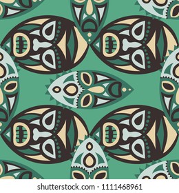 Seamless Pattern. Abstract Seamless Background with Ritual Masks for Print or Card. Ethnic Seamless Pattern with Color Trible Shamanic Masks for your Design. Vector Texture.