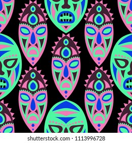 Seamless Pattern. Abstract Seamless Background with Ritual Masks for Print or Card. Ethnic Seamless Background with Color Trible Ritual Masks for your Design. Vector Texture.