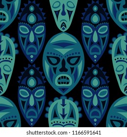 Seamless Pattern. Abstract Seamless Background with Ritual Masks for Print or Card. Ethnic Seamless Background with Color Trible Ritual Masks for your Design. Vector Texture.