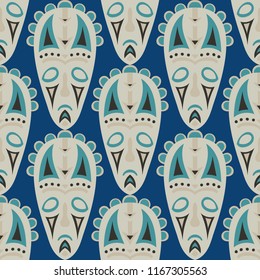 Seamless Pattern. Abstract Seamless Background with Ritual Masks for Textile or Paper. Ethnic Seamless Background with Color Trible Ritual Masks for your Design. Vector Texture.