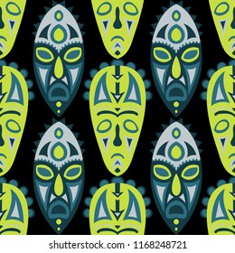 Seamless Pattern. Abstract Seamless Background with Ritual Masks for Textile or Paper. Ethnic Seamless Pattern with Color Trible Shamanic Masks for your Design. Vector Texture.