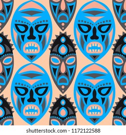 Seamless Pattern. Abstract Seamless Background with Ritual Masks for Poster or Banner. Ethnic Seamless Pattern with Color Trible Shamanic Masks for your Design. Vector Texture.