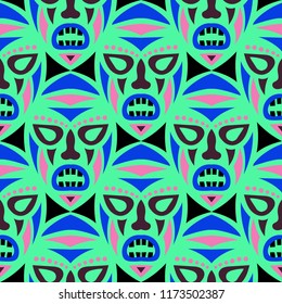 Seamless Pattern. Abstract Seamless Background with Ritual Masks for Textile or Paper. Ethnic Seamless Background with Color Trible Ritual Masks for your Design. Vector Texture.
