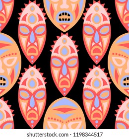 Seamless Pattern. Abstract Seamless Background with Ritual Masks for Textile or Paper. Ethnic Seamless Pattern with Color Trible Shamanic Masks for your Design. Vector Texture.