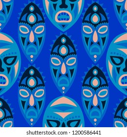 Seamless Pattern. Abstract Seamless Background with Ritual Masks for Poster or Banner. Ethnic Seamless Background with Color Trible Ritual Masks for your Design. Vector Texture.