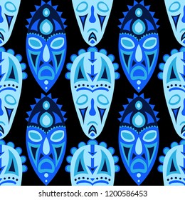 Seamless Pattern. Abstract Seamless Background with Ritual Masks for Textile or Paper. Ethnic Seamless Background with Color Trible Ritual Masks for your Design. Vector Texture.