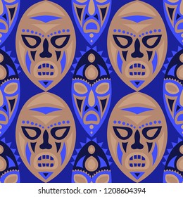 Seamless Pattern. Abstract Seamless Background with Ritual Masks for Poster or Banner. Ethnic Seamless Background with Color Trible Ritual Masks for your Design. Vector Texture.