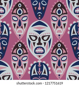 Seamless Pattern. Abstract Seamless Background with Ritual Masks for Card or Poster. Ethnic Seamless Background with Color Trible Ritual Masks for your Design. Vector Texture.