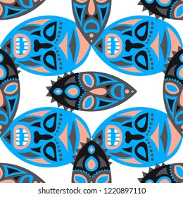 Seamless Pattern. Abstract Seamless Background with Ritual Masks for Card or Poster. Ethnic Seamless Background with Color Trible Ritual Masks for your Design. Vector Texture.