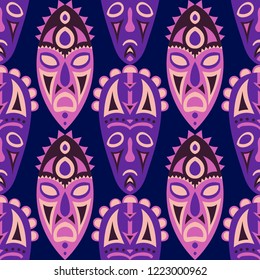Seamless Pattern. Abstract Seamless Background with Ritual Masks for Print or Card. Ethnic Seamless Pattern with Color Trible Shamanic Masks for your Design. Vector Texture.