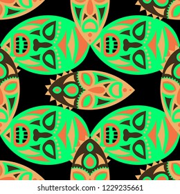Seamless Pattern. Abstract Seamless Background with Ritual Masks for Card or Poster. Ethnic Seamless Background with Color Trible Ritual Masks for your Design. Vector Texture.