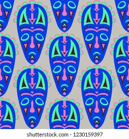 Seamless Pattern. Abstract Seamless Background with Ritual Masks for Print or Card. Ethnic Seamless Background with Color Trible Ritual Masks for your Design. Vector Texture.