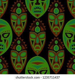 Seamless Pattern. Abstract Seamless Background with Ritual Masks for Poster or Banner. Ethnic Seamless Pattern with Color Trible Shamanic Masks for your Design. Vector Texture.