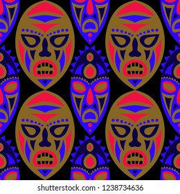 Seamless Pattern. Abstract Seamless Background with Ritual Masks for Print or Card. Ethnic Seamless Pattern with Color Trible Shamanic Masks for your Design. Vector Texture.