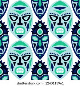 Seamless Pattern. Abstract Seamless Background with Ritual Masks for Poster or Banner. Ethnic Seamless Background with Color Trible Ritual Masks for your Design. Vector Texture.