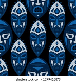 Seamless Pattern. Abstract Seamless Background with Ritual Masks for Textile or Paper. Ethnic Seamless Background with Color Trible Ritual Masks for your Design. Vector Texture.