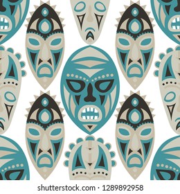 Seamless Pattern. Abstract Seamless Background with Ritual Masks for Poster or Banner. Ethnic Seamless Background with Color Trible Ritual Masks for your Design. Vector Texture.