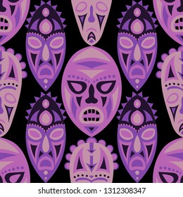 Seamless Pattern. Abstract Seamless Background with Ritual Masks for Poster or Banner. Ethnic Seamless Background with Color Trible Ritual Masks for your Design. Vector Texture.