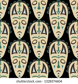 Seamless Pattern. Abstract Seamless Background with Ritual Masks for Card or Poster. Ethnic Seamless Pattern with Color Trible Shamanic Masks for your Design. Vector Texture.