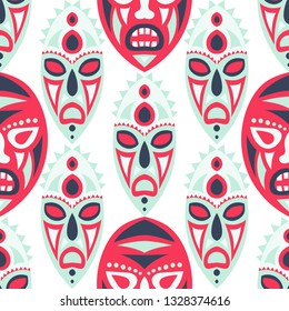 Seamless Pattern. Abstract Seamless Background with Ritual Masks for Textile or Paper. Ethnic Seamless Background with Color Trible Ritual Masks for your Design. Vector Texture.